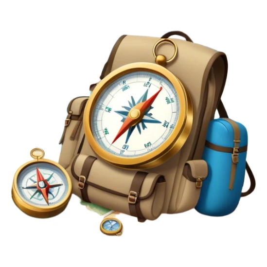 Icon for Expeditions: a compass, a map, and a backpack with trekking gear, set against a backdrop of snowy mountains, sand dunes, and tropical islands. The icon should represent the spirit of adventure and exploration in diverse landscapes. Transparent background. sticker