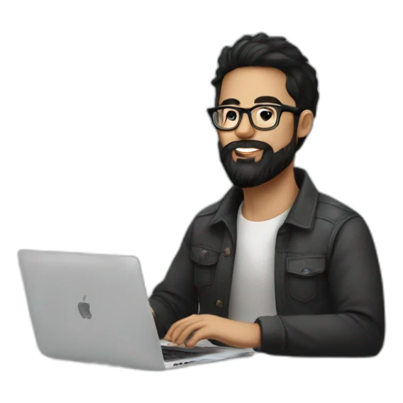Designer with black hair, beard and glasses working with MacBook and drinking cappuccino  sticker