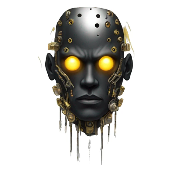 black metal male cyborg head with artificial eyeball, circuitry and wispy yellow gold hair sticker