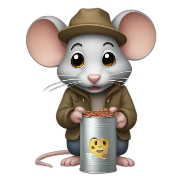 Sad hobo mouse holding a can of beans sticker