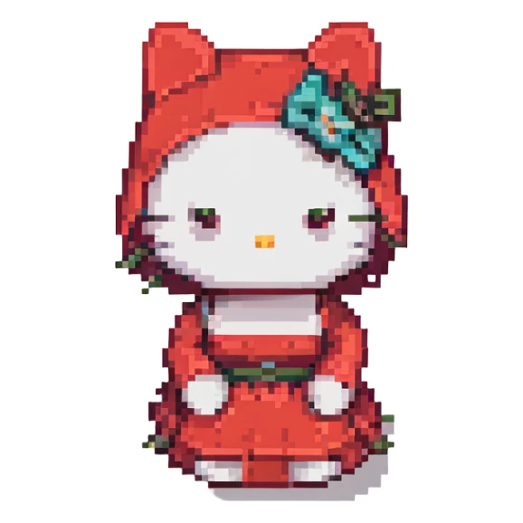 Hello Kitty sitting pose red dress classic look minimal details pixel art slightly different facial expression sticker