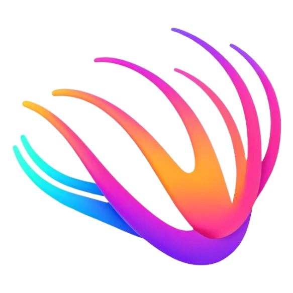 A futuristic abstract logo with curved dynamic lines resembling a subtle hand motion, glowing neon gradients, minimal and modern sticker