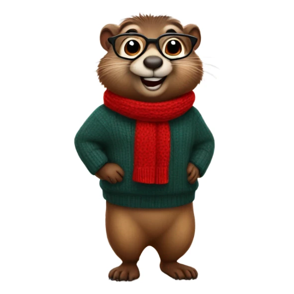 winking cute groundhog in a fully red sweater and glasses full body shown sticker