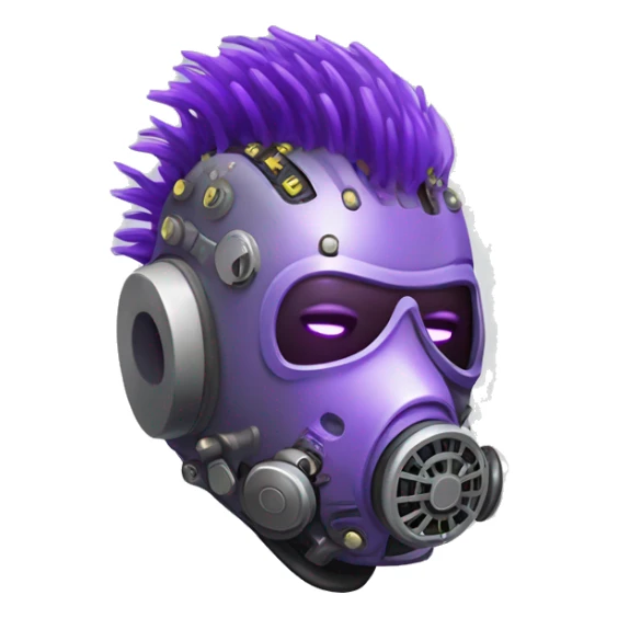 Purple mohawk cyborg head with grey respirator mask and circuits sticker