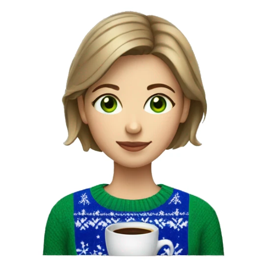 Light brown short haired girl with green eyes drinking coffee wearing blue Christmas sweater sticker