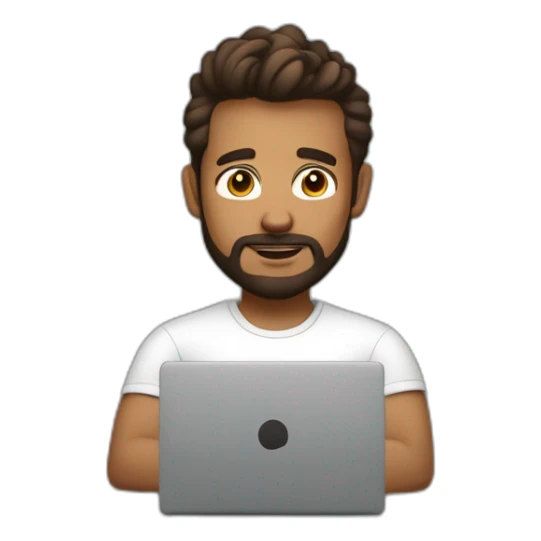 Not fat but fit Wearing a shirt No glasses Cute programmer on his laptop looking front with a brown quiff as a hair and brown eyed with a bit of a beard sticker