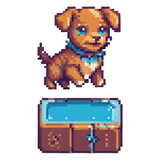 pixel art puppy jumping with joy, retro game style sticker