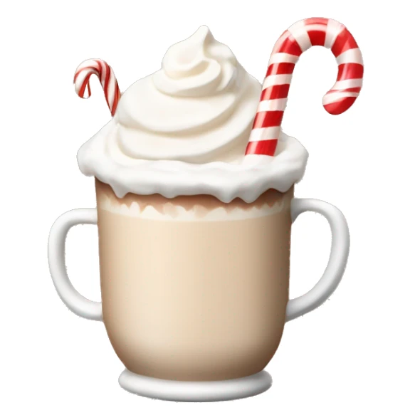 beige hot chocolate with marshmallows and whipped cream and candy cane sticker