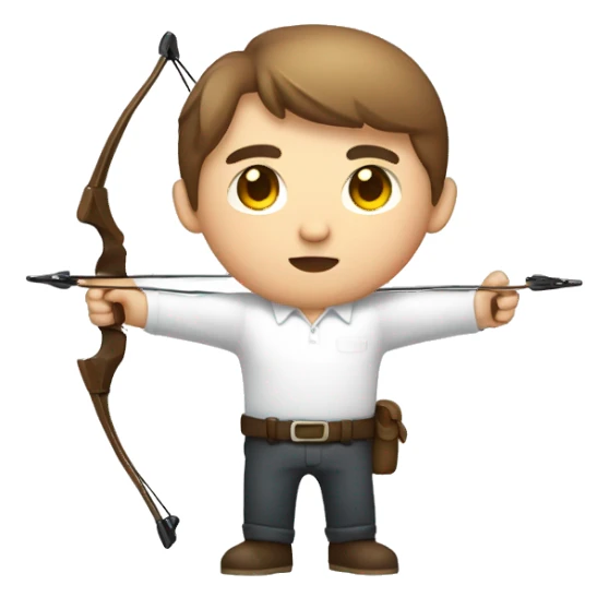 a male, aiming with a bow, facing  his target, eyes closed, wearing a white shirt, very short brown hair, bright skin, only show upper part of the body from waist up sticker