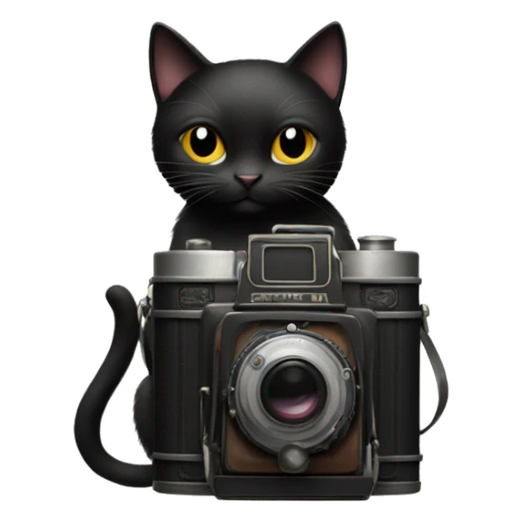 a black cat holding a vintage film camera sticker