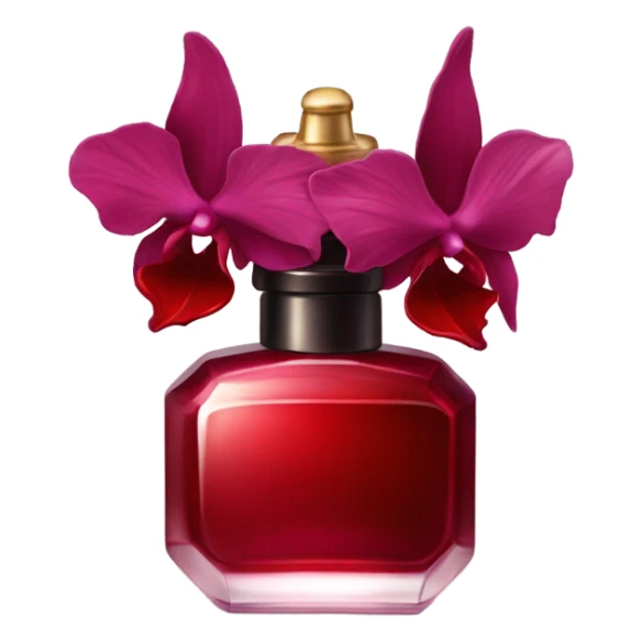 Dark red elegant perfume bottle with red orchids and a red butterfly sticker