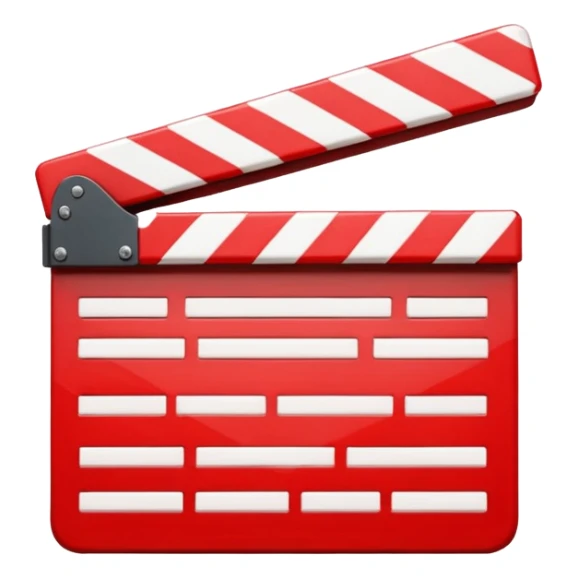 Bright red glossy movie clapper with a folded upper striped bar and light glare sticker