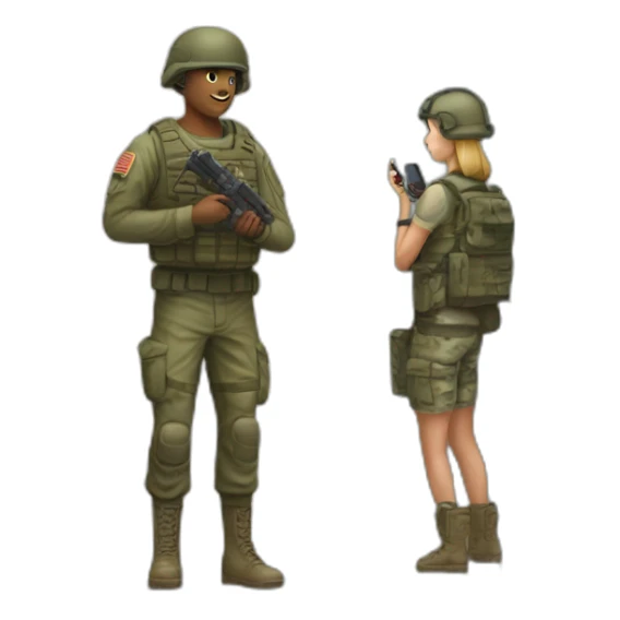 A soldier playing computer game while his non-soldier girlfriend Stands in the door sticker