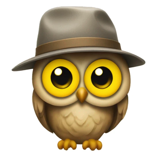 An owl wearing a cap with a yellow owl silhouette on it sticker