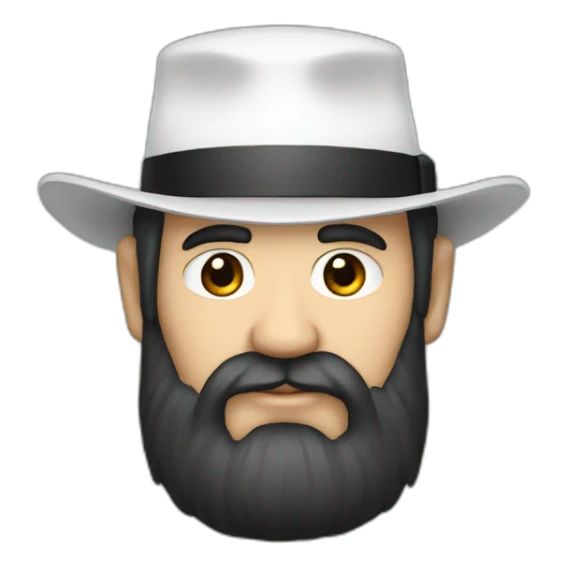 older man with black hair and black beard, with a white hat and one white eye sticker