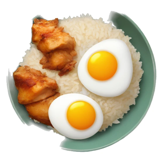 a bowl of rice with two eggs and chicken thigh sticker