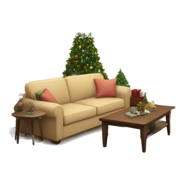 Cozy living room with christmas tree and a beige sofa and a tv sticker