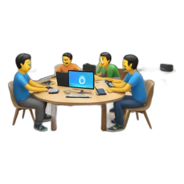 5 Developers with MacBooks sitting in a room with two tv on a wall and with around a circular table sticker