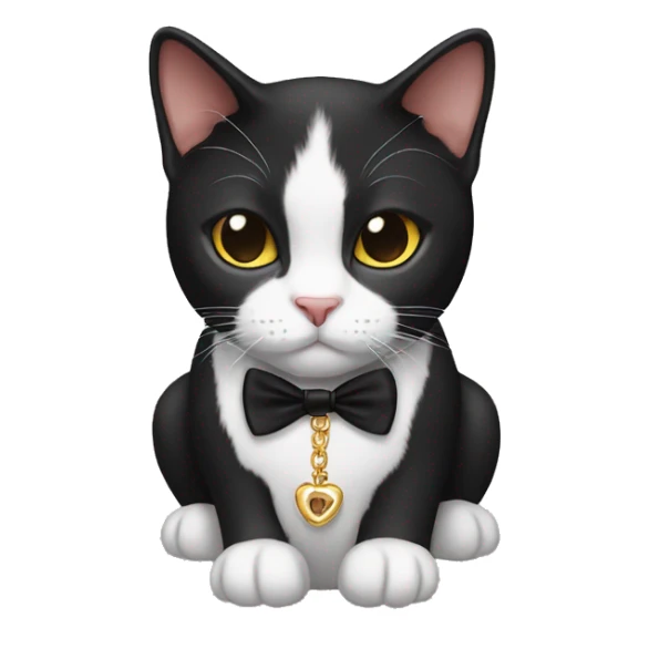 Tuxedo Cat wearing a necklace that says “Teddy” sticker