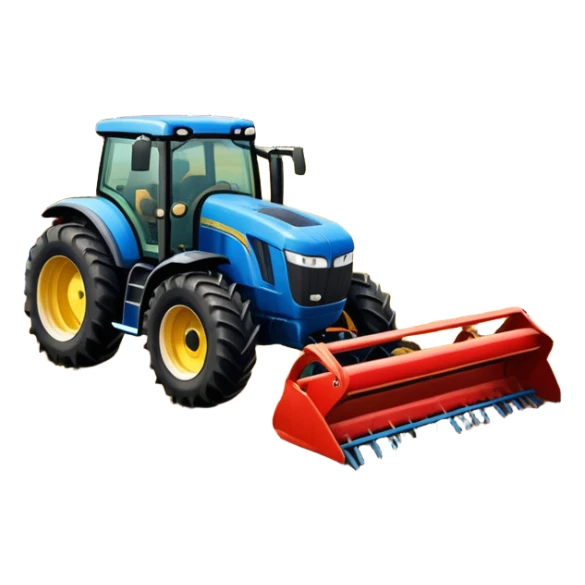An icon representing a farming simulator, with a detailed tractor plowing fields under a bright sky with rural landscape. The design includes farming tools, crops and barns, symbolizing the immersive experience of managing a farm. Transparent background. sticker
