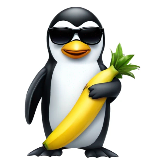 A penguin with Black sunglasses holding a banana like a pistol sticker