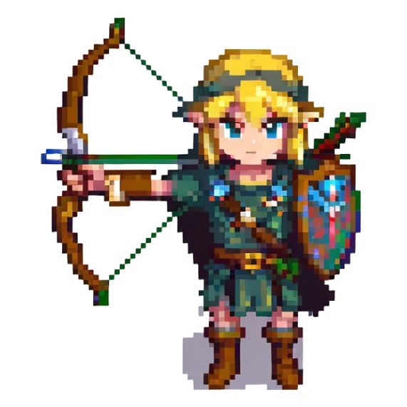 Link from The Legend of Zelda, pixel art style, with a bow and arrow sticker