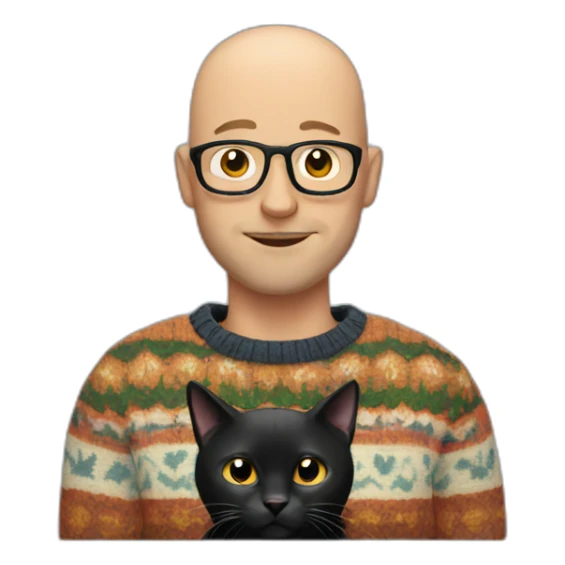 Bald man with funky sweater holding a black cat sticker