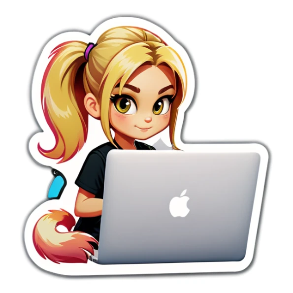 Blonde girl ponytail macBook and a cat sticker