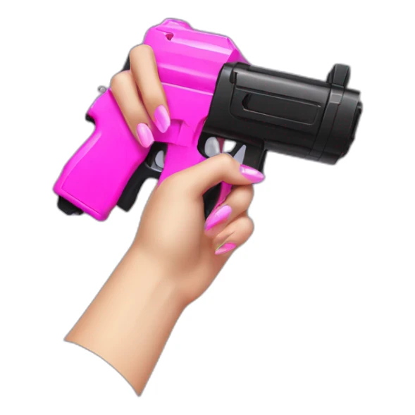 hand with pink nails holding large scary black water gun sticker