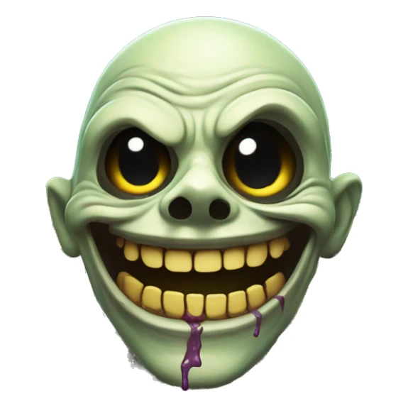 Create an image of a beaming zombie with a wide grin, holding a bright yellow smiley face emoji in its hands, surrounded by colorful flowers in a graveyard.
 sticker