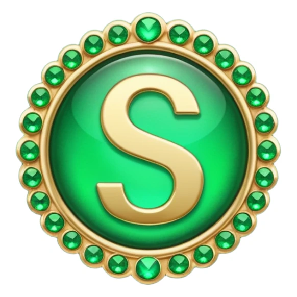 Create a custom emoji badge featuring a stylized, glossy letter “S”. Theme it according to the Emerald rank from League of Legends. Use deep green gemstones, bright emerald glows, and polished metallic framing. Luxurious and clean.
] sticker