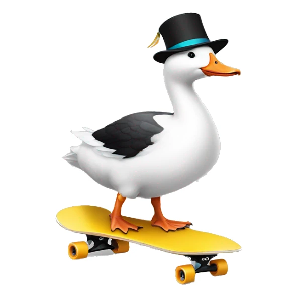 White goose wearing birthday party hat riding a black skateboard sticker