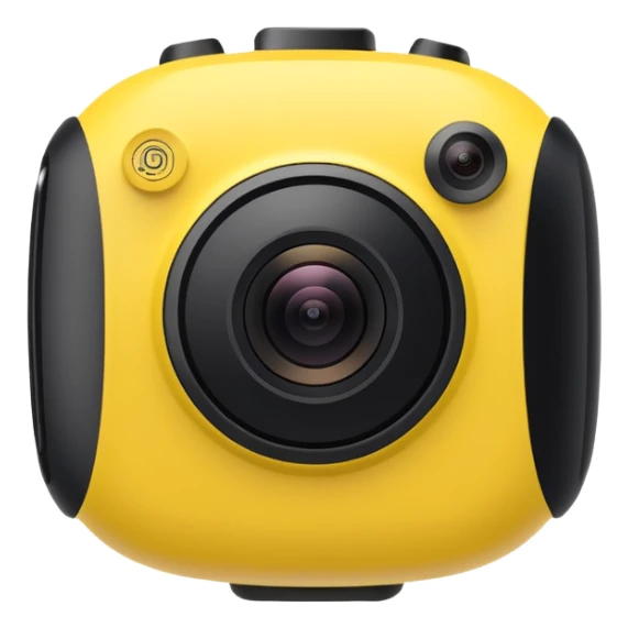 Insta360 camera emoji, front view, yellow body with black lens, minimal details sticker