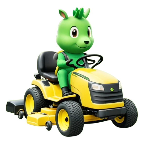 Lawn mowing mascot named grassy gus a green guy (not a human) on a completely yellow zero-turn ride on mower sticker