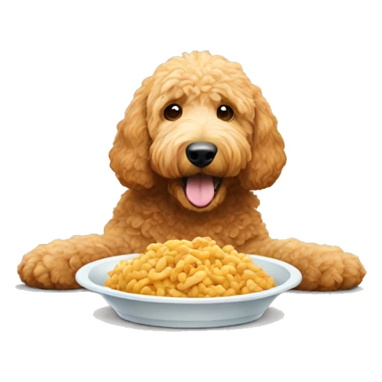 Golden doodle eating his food sticker