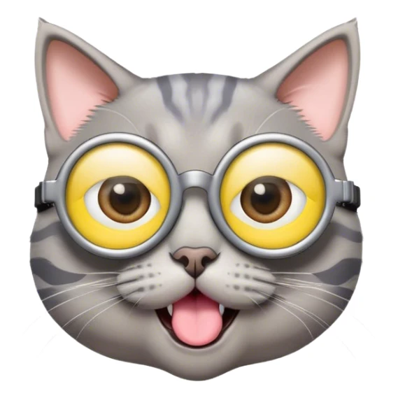 Gray Cat that has tongue out wearing minion glasses sticker
