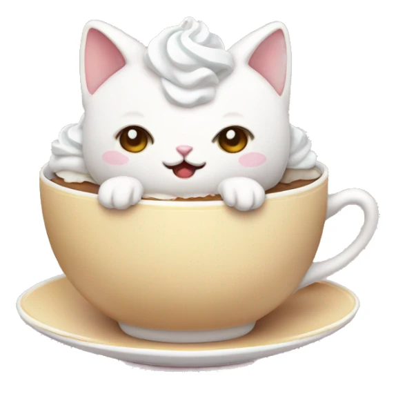 Kawaii cat sitting in a teacup with whipped cream on its head, dessert themed sticker