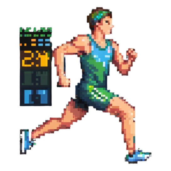 Pixelated athlete running with oxygen level indicator above head, fitness measurement sticker