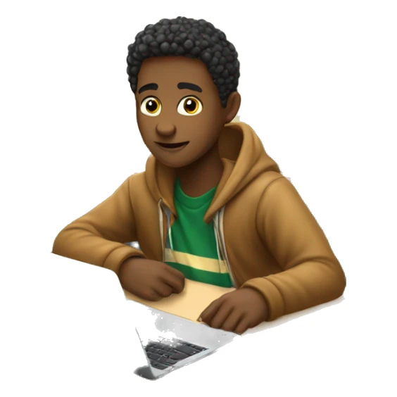 male student sitting at a school desk, a Chromebook with blanket wrapped around shoulders sticker