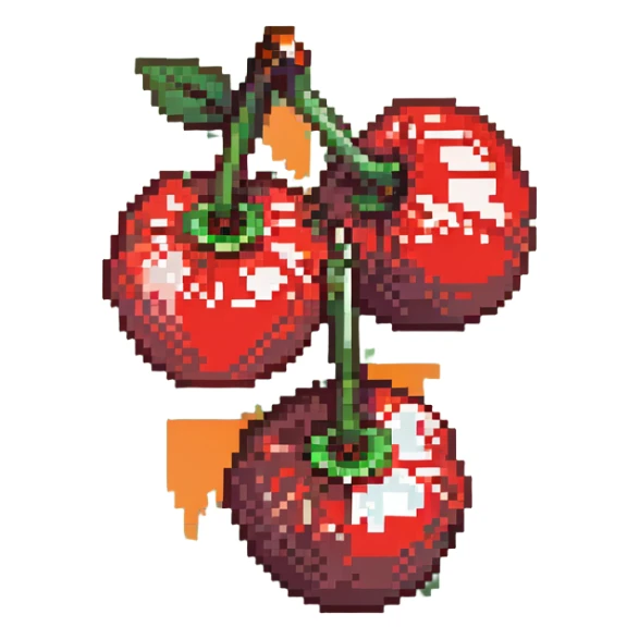 Pixel art of two shiny red cherries with green stem sticker