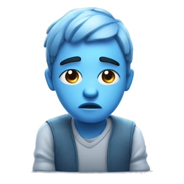 A sad 3D character sitting with slouched shoulders, looking down, and frowning. Teardrops on the face, hands resting in their lap, with soft blue tones enhancing the melancholic mood. sticker