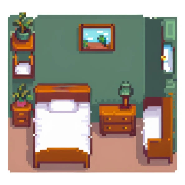 tiny cute bedroom with pink decor, plushies, cute lamp, small cozy bed sticker