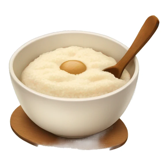 Rice pudding in a bowl with a wooden spoon sticker