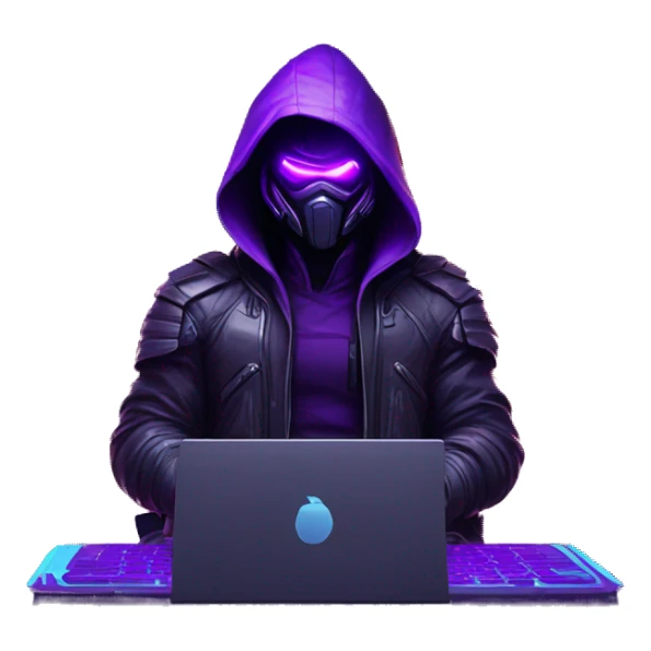 developer behind his laptop with this style : crysis Cyberpunk Valorant neon glowing bright purple character purple violet black hooded assassin themed character sticker