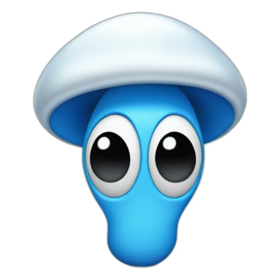Blue smurf face with large black eyes wearing a large white mushroom on his head casting a show on his face with a neutral face sticker