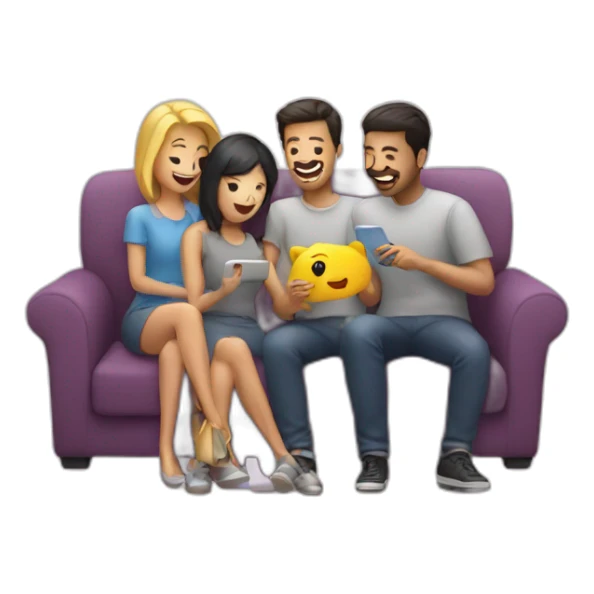 sofa with 3 friends looking at a phone sticker