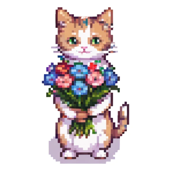 a cute cat with a bouquet of flowers, pixel art style sticker