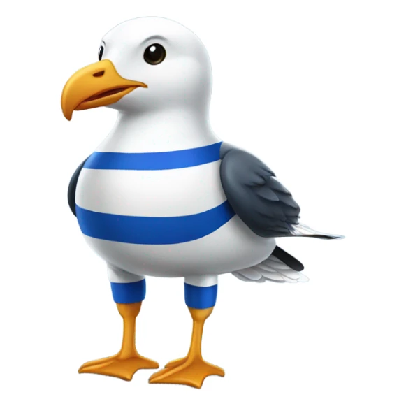 Seagull dressed in blue and white stripes soccer uniform  sticker