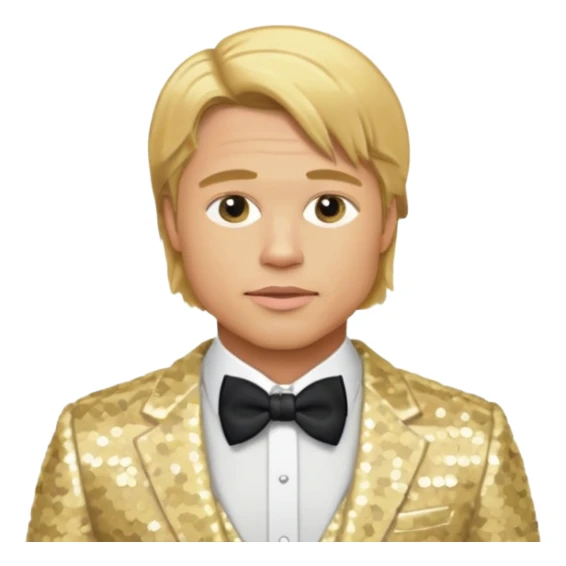 Brad Pitt with golden blonde hair, cream sequin suit with bow tie sticker