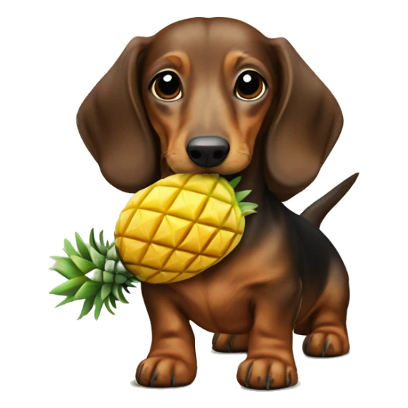 A small brown long haired dachshund dog holding a pineapple in its mouth  sticker